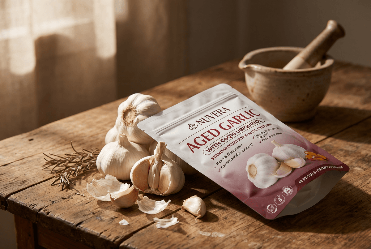 Traditional garlic herbal heritage still life